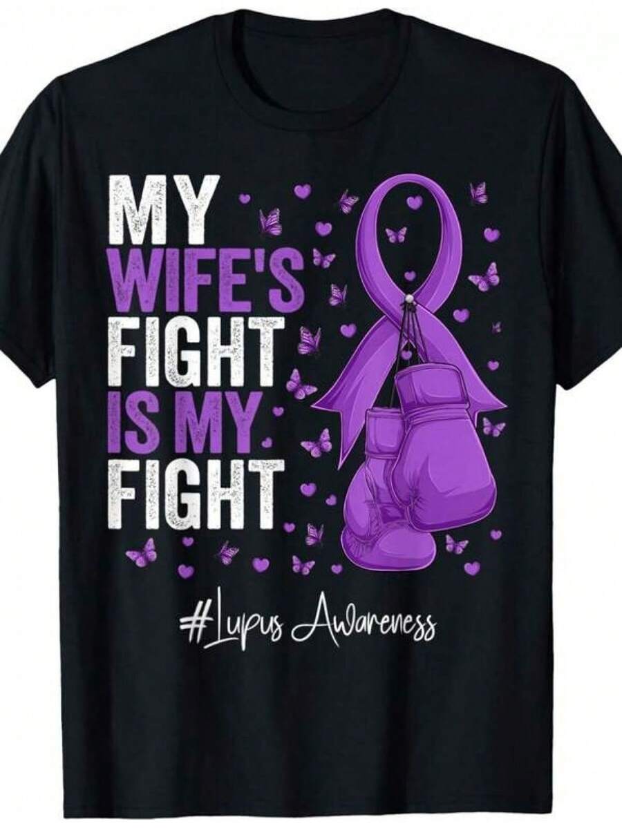 Camiseta de la Concientización sobre el Lupus con Cinta Morada para Esposas - Negro - Ver 1