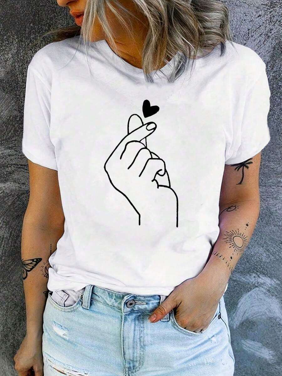 Ropa de mujer de manga corta y cuello redondo, una camiseta casual blanca de verano con estampados de corazones y gestos, sencilla y elegante. - Blanco - Ver 1