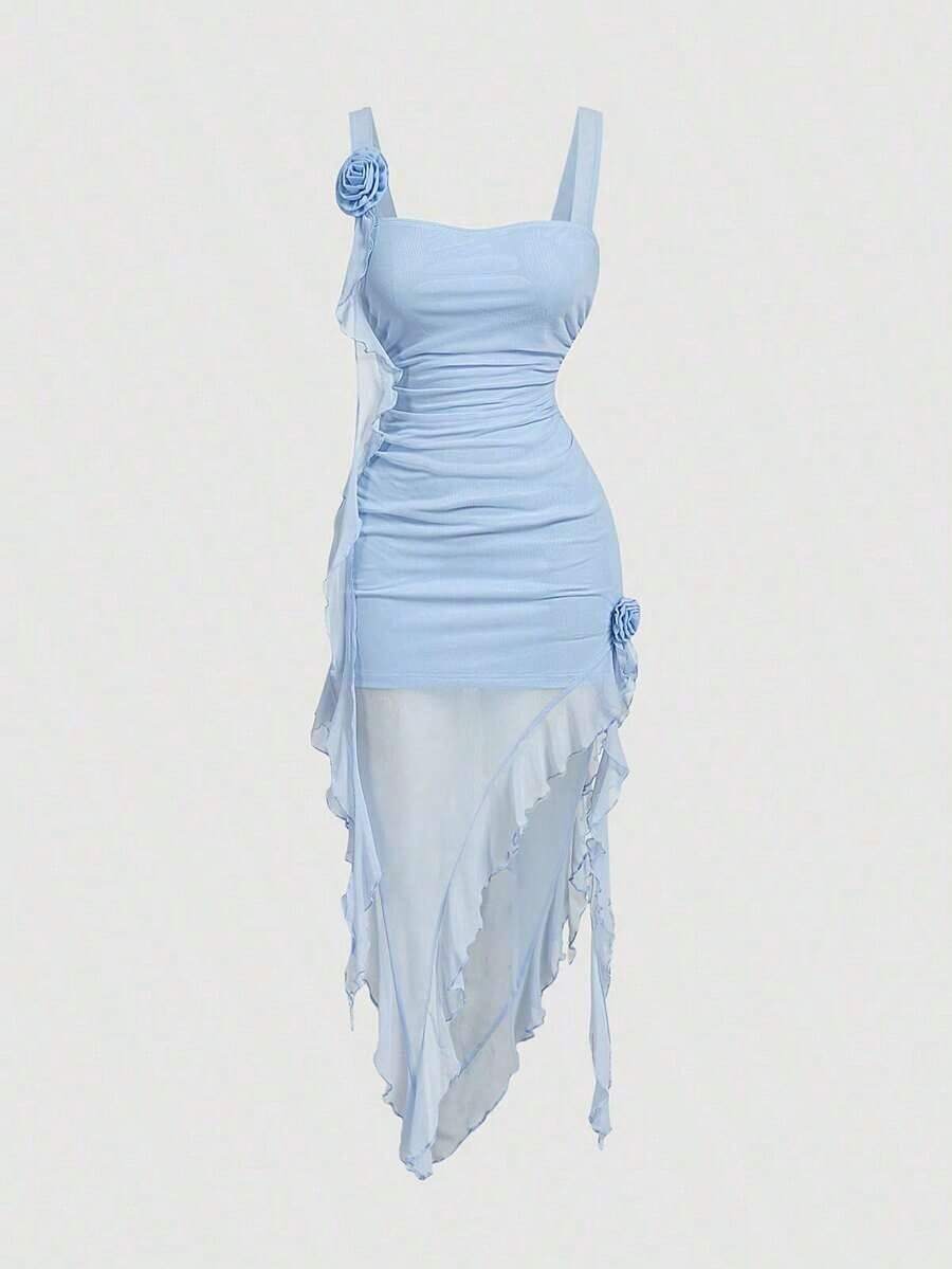 MOD Vestido romántico con estampado floral para mujeres, adecuado para citas, Día de San Valentín - Azul - Ver 1