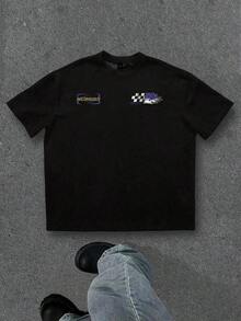 Camiseta de manga corta con hombros caídos, estampado gráfico de carreras desgastado y sobredimensionado en color negro - Negro - Ver 5