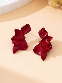 1 Pair Elegant Wine Red Textured Floral Half-Ear Design Earrings, Suitable For Women's Travel, Dating, Daily Wear - Burgundy - View 2
