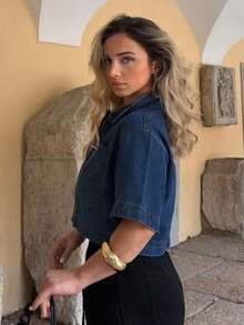 Chaqueta de manga corta de mezclilla con doble bolsillo para mujer, casual, de verano - Azul lavado oscuro - Ver 5