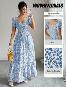 vestido de mujer con estampado digital, mangas abullonadas, nudo delantero, espalda descubierta y cintura ceñida.Elegante y chic para vacaciones, citas, estilizador y adelgazante - Azul - Ver 8
