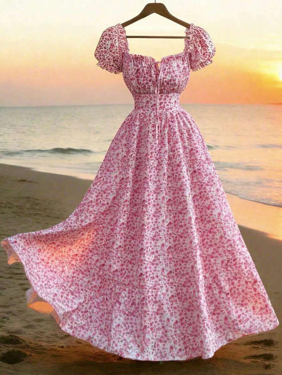 vestido de mujer con estampado digital, mangas abullonadas, nudo delantero, espalda descubierta y cintura ceñida.Elegante y chic para vacaciones, citas, estilizador y adelgazante - Rosa 2 - Ver 1