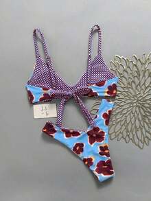 Conjunto de Bikini de Dos Piezas Reversible con Estampado Floral y a Cuadros para Mujer Lucky Girl, Vacaciones en la Playa, Verano - Azul - Ver 2