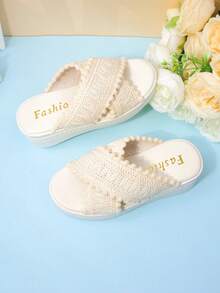 Girls' Beige Woven Wool Ball Thick Soled Slippers, Bohemian Style Cross With Sloping Heels, 2026 Summer New Item - Beige - View 5
