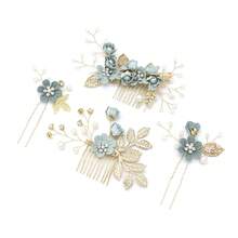 1pc Women's Handmade Golden Thread Light Green Flower & Pearl Hair Comb Accessory,Summer,Beach,Wedding - Green - View 7