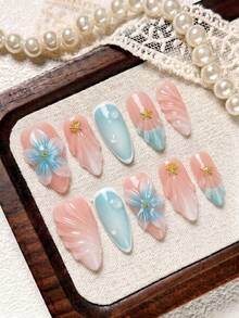 10pcs/Set Handmade Almond Press On Nails, Nude, Blue And White Color With French Edge, Gel-X False Nails With Flower And Shell Patterns, White Ombre, French Manicure, And Embellished With Starfish And Gold Beads. Suitable For Party, Wedding, Daily Wear, Contain 1Pc Jelly Glue And 1Pc Nail File, Great Gift For Women & Girls, Great Gift For Ladies Nail Supplies - Multicolor - View 1