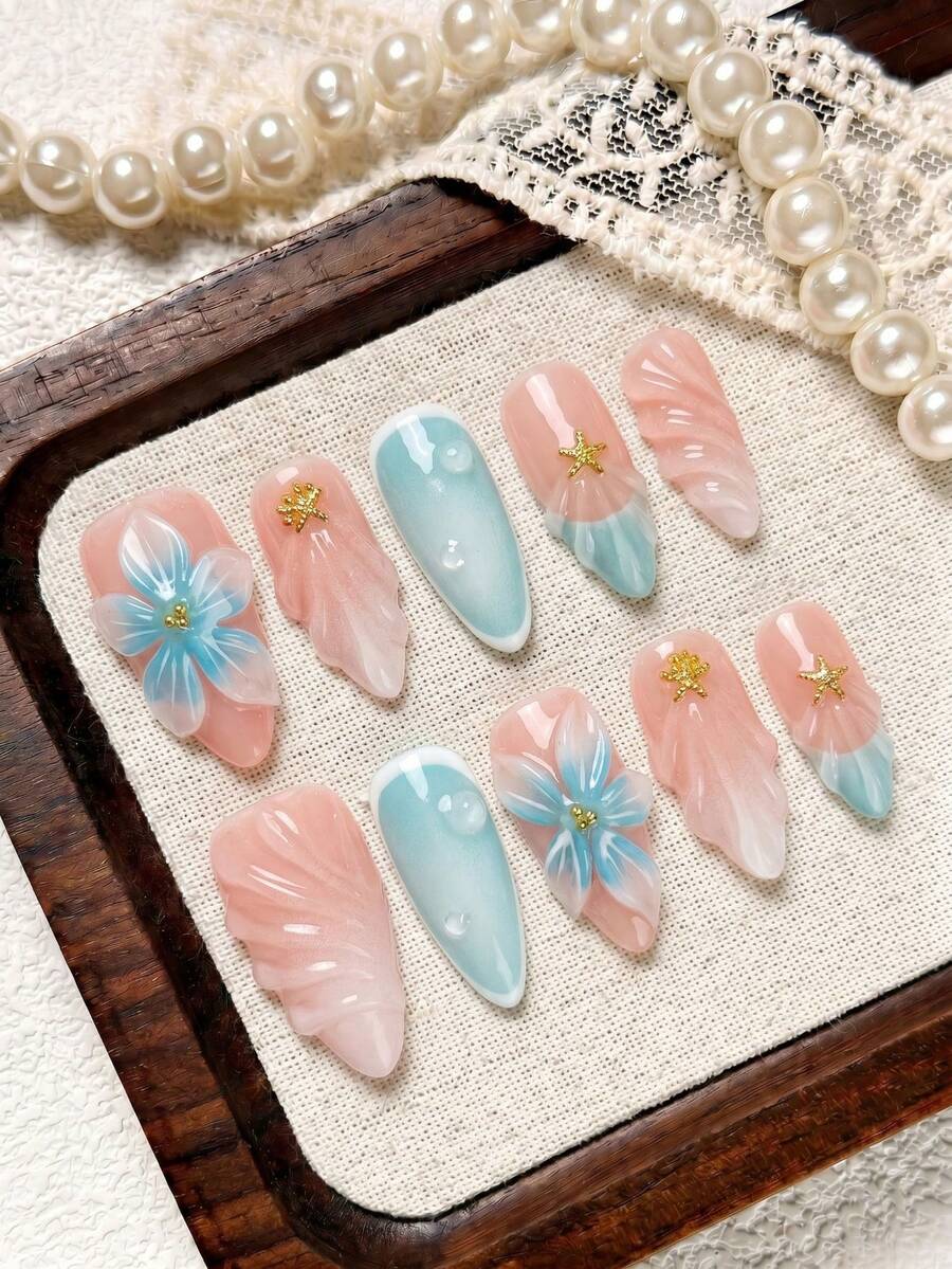 10pcs/Set Handmade Almond Press On Nails, Nude, Blue And White Color With French Edge, Gel-X False Nails With Flower And Shell Patterns, White Ombre, French Manicure, And Embellished With Starfish And Gold Beads. Suitable For Party, Wedding, Daily Wear, Contain 1Pc Jelly Glue And 1Pc Nail File, Great Gift For Women & Girls, Great Gift For Ladies Nail Supplies - Multicolor - View 1