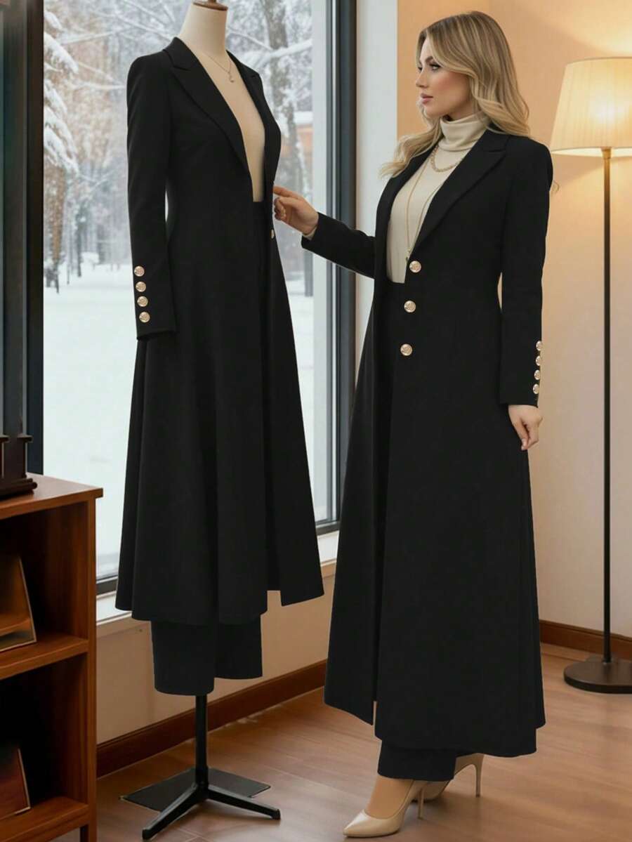 女士长款西装两件套,纯色前襟纽扣撞色滚边办公服 - 黑色 - 查看 1