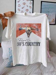 Soft Camiseta de mujer estilo occidental con calavera de toro, estilo retro de los 90, música country, uso casual, para maestros, de vuelta a la escuela, uniforme escolar, disfraz de Halloween, blanco verano pattern - Blanco - Ver 4