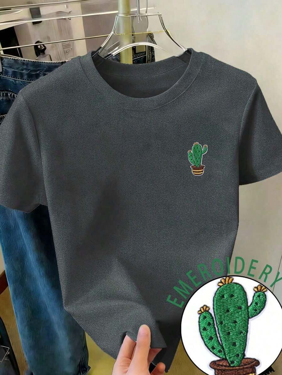 Camiseta de manga corta con cuello redondo y bordado de ballena, estilo casual para mujer, primavera/verano - Gris Oscuro - Ver 1