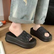 Sandal Selop Wanita Super Lembut EVA Ringan & Nyaman, Warna Polos, Platform 7cm, Cocok Untuk Remaja, Hitam, Musim Panas - Hitam bergaris - View 5