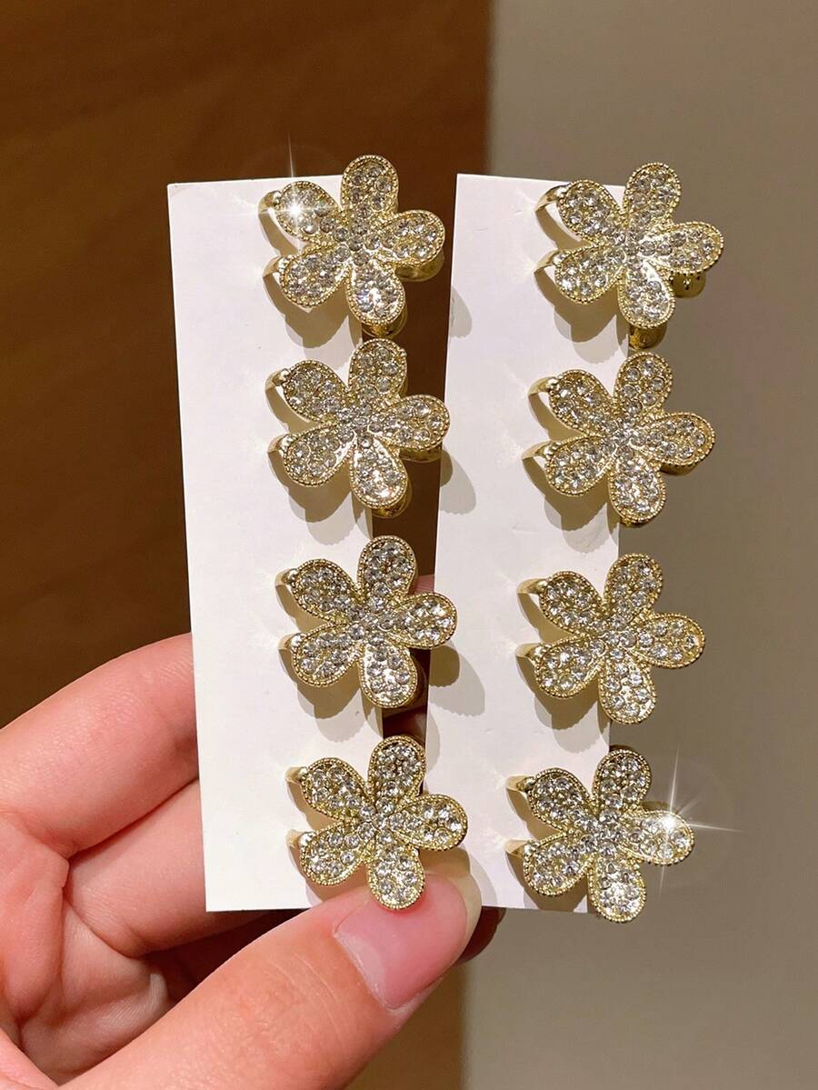4pcs Delicate Ditsy Floral Crystal Side Clips, Suitable For Side Bangs, Fringe, Gift For Girlfriend, Suitable For Back To School, Dates, Beach Vacation, Daily Commute, Practical Accessory!, Hair Clip, Party, Claw Clips, Hair Clip