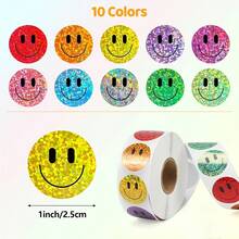 500pcs Colorful Glitter Smiling Face Stickers/10 Colors Shiny Stickers For Gift Boxes, Envelopes, Scrapbooks, Back To School, Glitter Laser Stars And Happy Face Stickers, 1 Inch Round Stationery Stickers - Multicolor - View 3