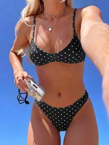 Swim Mod Elegant Vacation Bohemian Navy Blue & White Polka Dot Adjustable Strap V-Neck Sexy Bikini Set - Nhiều màu 12 - Xem 6