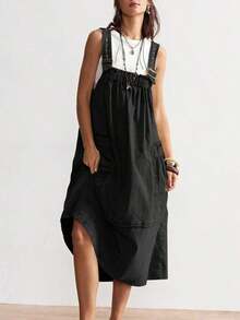 BohoFeels Vestido casual de unicolor, tejido, suelto y de largo medio para mujeres - Negro - Ver 9