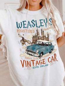 Camiseta Gráfica Suave de Algodón, Tallas Grandes, Camiseta Cómoda con Diseño de Coche Volador de Mago, Camiseta Estilo Vintage con Coche de Weasley, Camiseta de Mago Literario, Camiseta Universal para Fans, Ropa de Aventura Mágica, Y2K, Camiseta Oversize para Hombre, Tops de Verano, Blusas Casuales, Playeras de Mujer de Algodón - Blanco - Ver 6