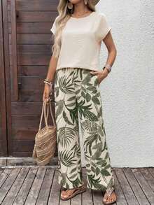 Set de 2 piezas con top de manga corta y pantalón de pierna ancha con estampado geométrico para mujer - Multicolor 9 - Ver 4