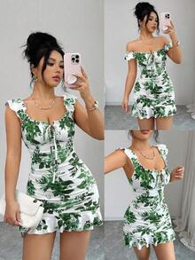 Vestido con volantes en el bajo y hombros descubiertos con estampado de lunares vintage, elegante y sexy vestido de verano con estampado floral pequeño y espalda descubierta al estilo francés - Verde - Ver 1
