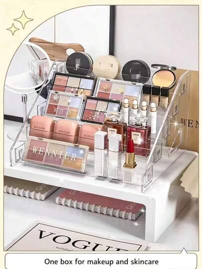 1pc Makeup Organizer Rack, Multi-Layer Storage Holder For Eyeshadow Palette, Powder Compact, Lipstick, Perfume And Other Cosmetics. Transparent Material, Convenient For Displaying Nail Polish. Essential Home Accessory