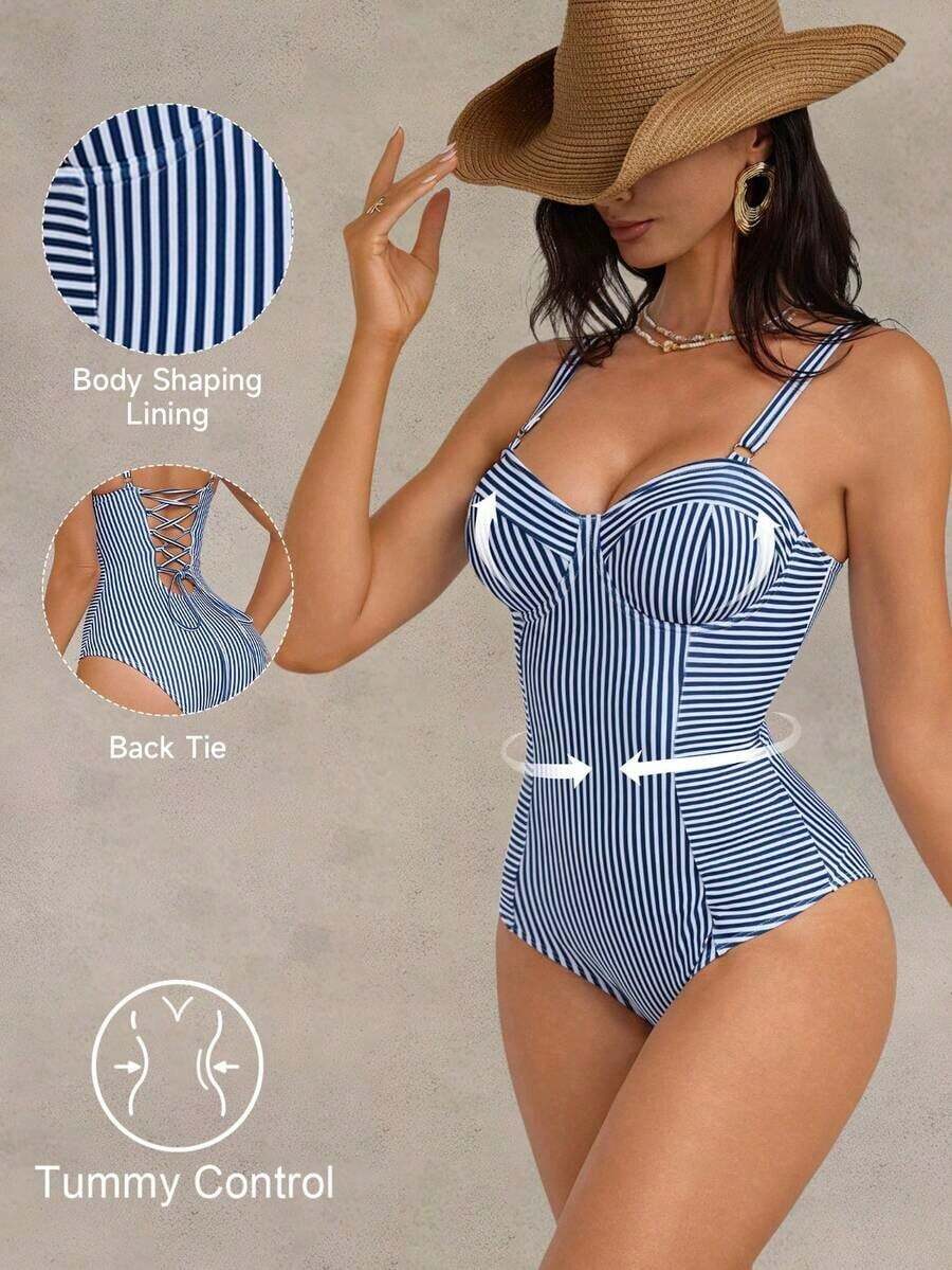 Traje de baño de una pieza con control de abdomen, con cordón, espalda descubierta, a rayas azul y blanco, con efecto push-up, para playa, resort y fiesta - Azul y blanco - Ver 1