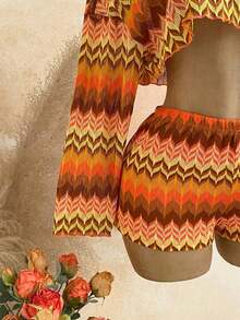 Casual 2-Piece Set Consisting Of A Cropped Top With An Irregular Neckline And Lettuce Hem, And Shorts, In A Solid Color, For Vacation, Spring/Summer - Orange - View 7