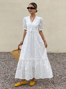 Vestido largo de manga abullonada con cintura anudada, escote bordado y volantes calados, vestido de playa bohemio para vacaciones - Blanco marfil - Ver 1