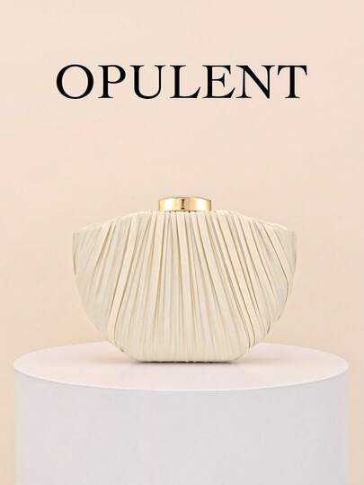 Elegant Apricot Pleated Clutch Bag, Gold Accent Hard Case Evening Bag, Suitable For Weddings, Galas, Banquets And Parties