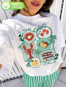 ropa de mujer Camiseta 100% Algodón con Estampado de Elementos Marinos, Camiseta Lobster Feast, Camiseta Preppy Coquette Girly, camisas de mujer - Blanco - Ver 1