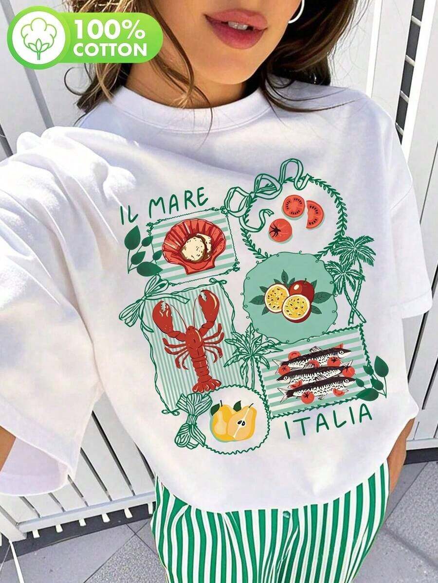 ropa de mujer Camiseta 100% Algodón con Estampado de Elementos Marinos, Camiseta Lobster Feast, Camiseta Preppy Coquette Girly, camisas de mujer - Blanco - Ver 1