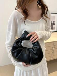 Bolso de mano con pliegues en forma de nube con estilo retro, bolso de hombro casual y versátil para mujer, con forma de media luna - Negro - Ver 5
