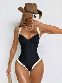 Shapewave Traje de baño de una pieza con control de abdomen, con abertura lateral, push-up y efecto estilizante, en marrón y beige para mujer - Blanco y Negro - Ver 5