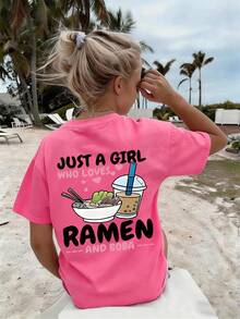 This Fuchsia Casual Round Neck T-Shirt Is Designed For Girls, Featuring A Creative Ramen Letter Graphic, Making It A Perfect Choice For Every Little Girl's Wardrobe. - Hot Pink - View 2