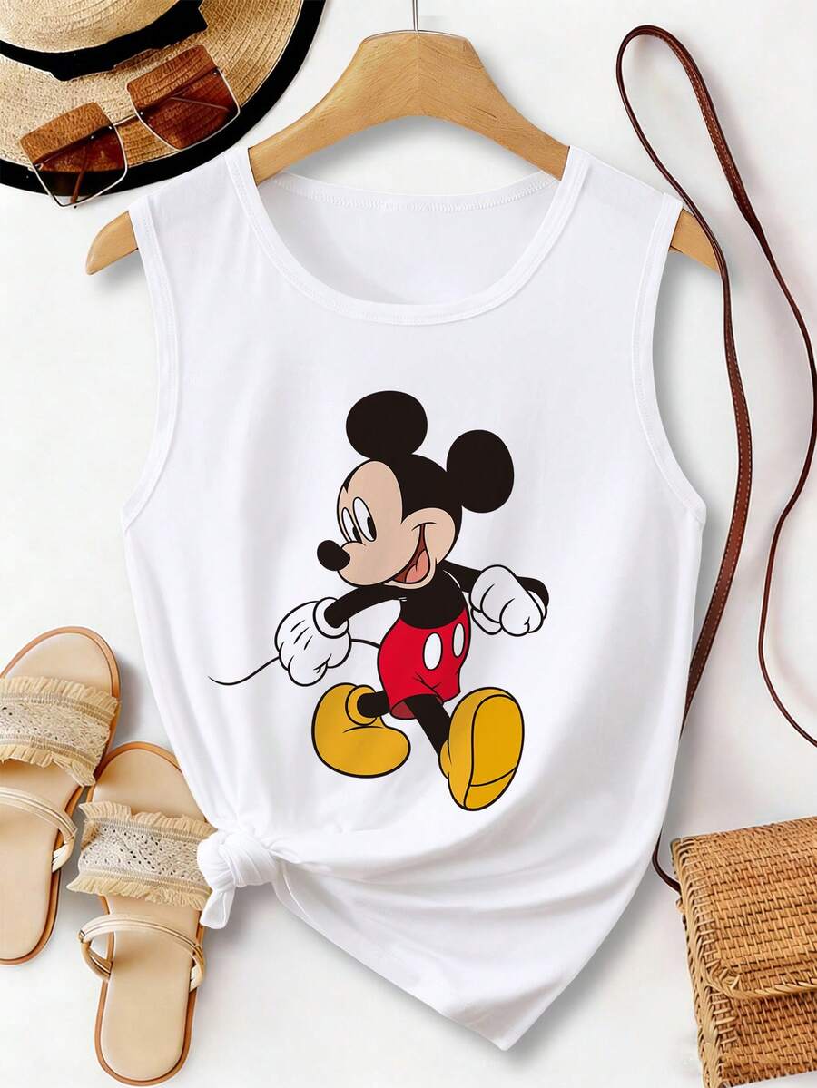Disney Mickey Mouse Series Print, Women's Round Neck Casual Tank Top, Slightly Stretchy, Opaque, Easy Care Material, Suitable For Outdoor Sports And Daily Wear - White - View 1