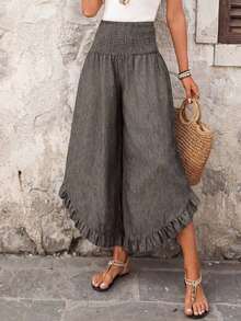 Pantalones anchos de cintura alta con volantes, estilo casual para vacaciones, aptos para primavera, verano y otoño - Marrón Mocha - Ver 4