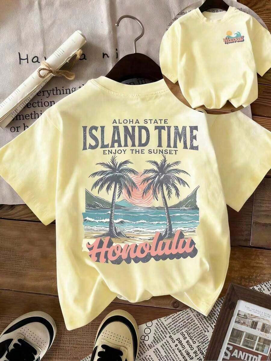 Camiseta de manga corta con estampado tropical informal para mujer - Estilo vintage urbano, unisex, holgada, de algodón, con cuello redondo. Blusas para mujer. blusas.blusas casuales para dama. - Albaricoque - Ver 1
