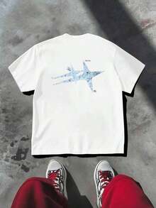 Camiseta de mezcla de algodón con estampado gráfico, ligera, de jersey de algodón con estampado a doble cara, duradera, de corte clásico, casual, esencial para el otoño. - Blanco - Ver 3