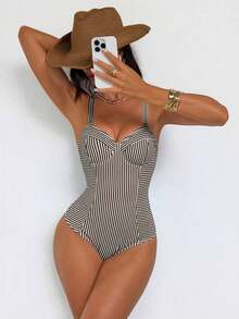 Traje de baño de una pieza con control de abdomen, con cordón, espalda descubierta, a rayas azul y blanco, con efecto push-up, para playa, resort y fiesta - Marrón Chocolate - Ver 4