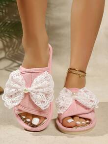 French Pearl Lace Bow Slippers, Women's Hook And Loop Soft Bottom Non-Slip House Slides - Pink - View 4