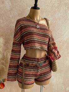 Conjunto de 2 piezas de top y shorts de cuello asimétrico de color sólido para mujer, estilo casual de vacaciones - Blanco - Ver 11