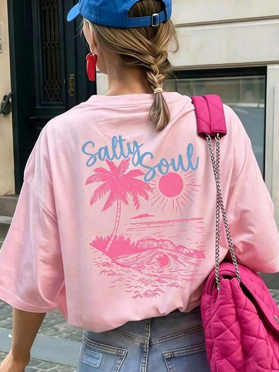 SALTY SOUL Women's Short Sleeve Crew Neck T-Shirt With Tree And Sun Print, Casual Style, Perfect For Beach Vacations, Spring/Summer, Fashionable And Your Everyday Essential For Your Holidays. Women's Holiday Graphic T-Shirt - 粉色 - 查看 1