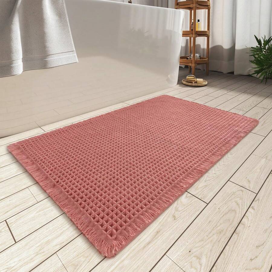 Waffle Bath Mat, Absorbent Non Slip Bathroom Rug With Tassels, Rubber Backed Floor Mat, Machine Washable Decorative Mat For Bathroom, 17" X 24", Brown - 珊瑚 - 查看 1