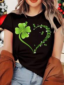 Plus Size T-Shirt With Clover And Heart Print, Fitted Cut And Round Neck - Spring-Summer Top For Women Available In Plus Sizes. - Black - View 4