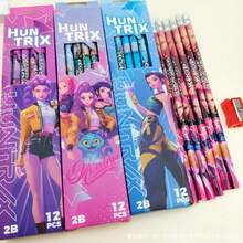 Bộ 12 bút chì 2B chủ đề K-Pop, 12 bút chì than chì hình hoạt hình có tẩy, thích hợp làm văn phòng phẩm cho học sinh, phần thưởng trong lớp học và quà tặng sinh nhật (Mẫu ngẫu nhiên) - Nhiều màu - Xem 2