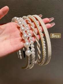 5入仿真珍珠裝飾時尚髮箍，髮飾髮帶頭箍 - 5pcs hairband - 查看 5