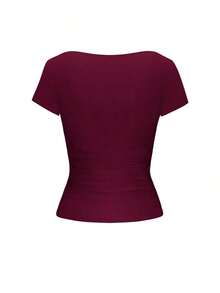 Blusa ajustada y sexy de punto para mujer Vaiaye, camiseta casual de cuello cuadrado de unicolor, para primavera/verano - Burdeos - Ver 4