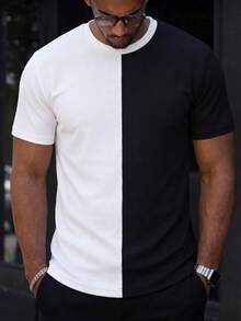 GRDR Men's Classic Contrast Color Design Round Neck Short Sleeve T-Shirt, Fashionable Minimalist Commuting Versatile - Black and White - View 1