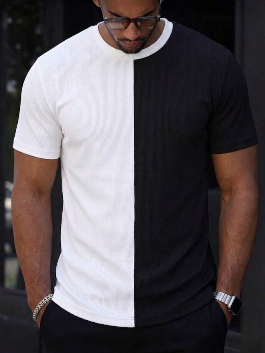 GRDR Men's Classic Contrast Color Design Round Neck Short Sleeve T-Shirt, Fashionable Minimalist Commuting Versatile - Black and White - View 1