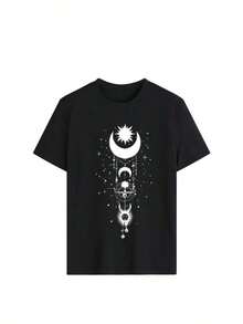 1 Pc Women's Short-Sleeved T-Shirt, Round Neck, 100% Cotton, Loose Fit, Casual And Versatile Style With Modern Print. 180g 100% Cotton - 8 - 查看 3